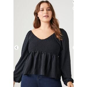 Black Babydoll TOP 3X Smocked Swiss Ditsy Dot Swing Blouse Balloon Sleeve NEW